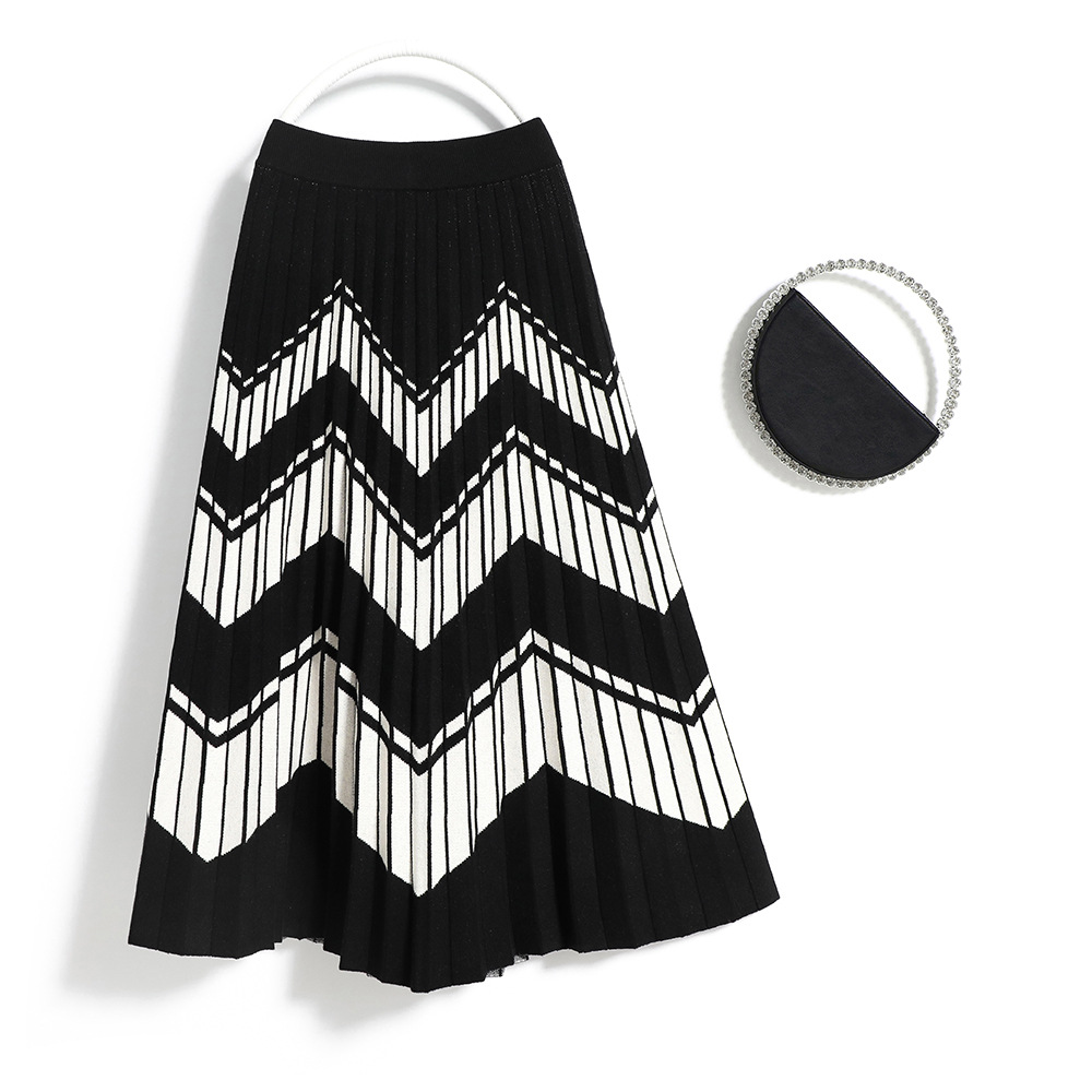 清仓不退不换 秋冬厚款针织百褶裙 黑白条纹半身裙 q2109