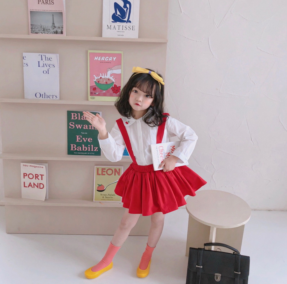 麦当当童装可爱女孩学园服棉吊带裙衬衫套装蓬蓬裙田园丸子裙套