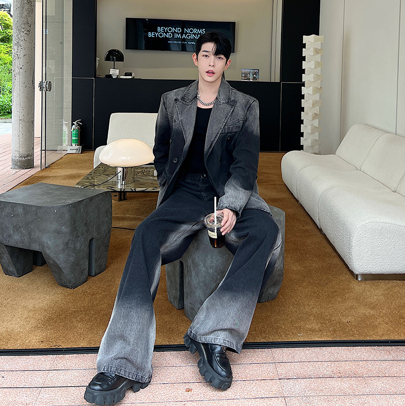 扎染牛仔套装高级感欧洲站廓形牛仔衣西服渐变灰潮牌男休闲阔腿裤