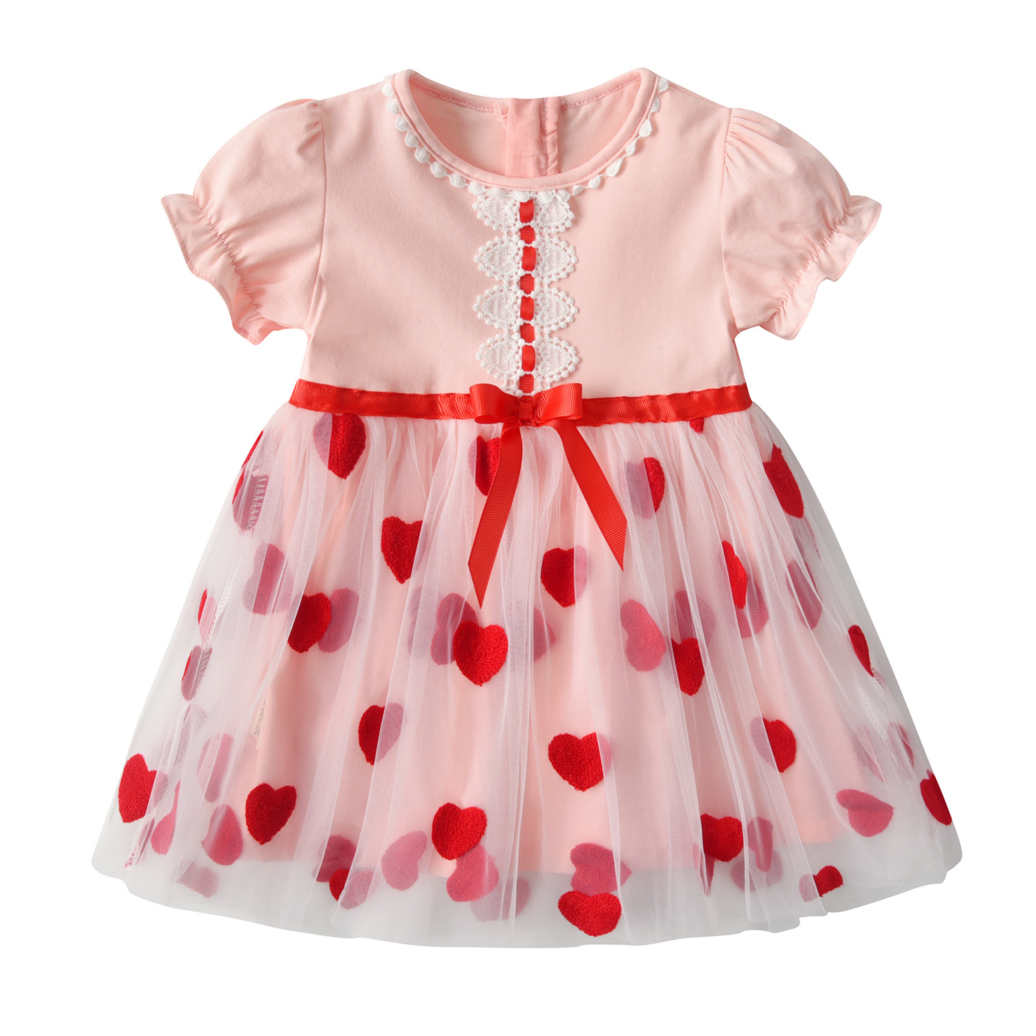 夏季新款女童公主裙粉色爱心绣花裙摆网纱裙儿童花边周岁连衣裙