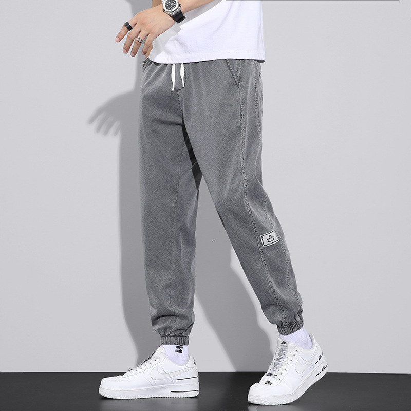 Lyocell Jeans Men's Summer Thin Loose Ankle-Tied Harem Cropped Pants Men's Ice Silk Stretch Casual Long Pants