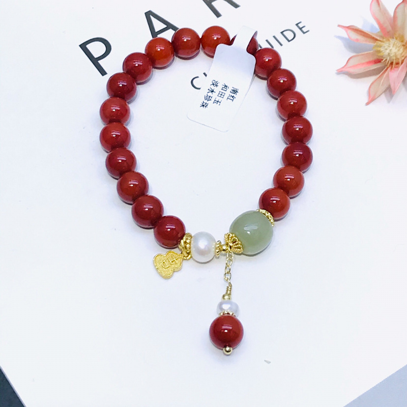 National Style Retro Natural South Red Hetian Jade Bracelet Fresh Water Stringed Pearls Hetian Jade Niche High-Grade Bracelet