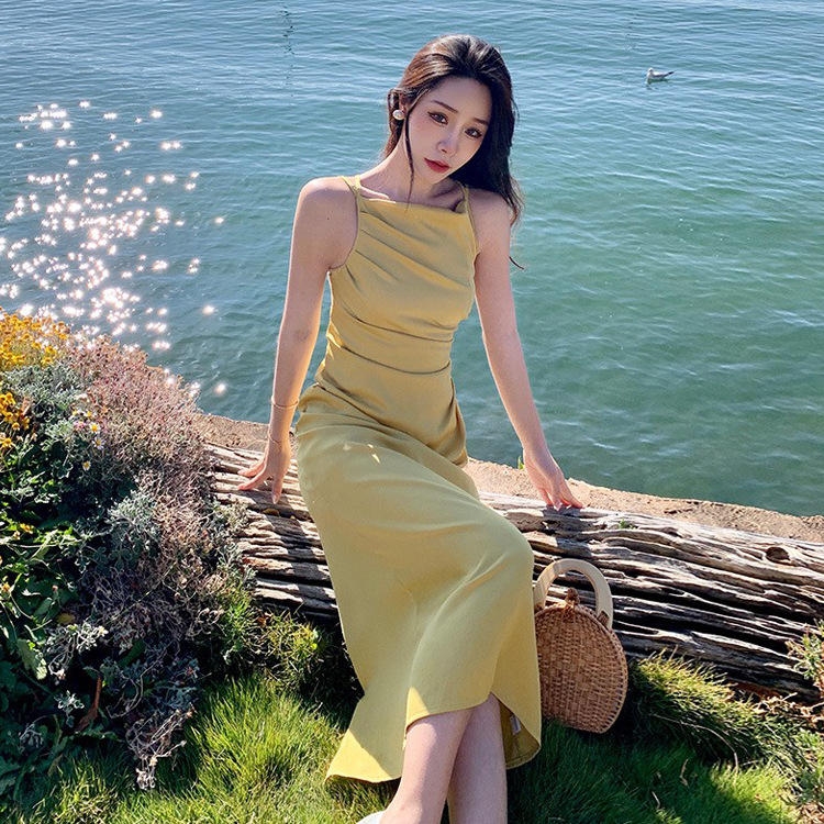 2022夏季新款胸大腰细黄色收腰抹胸露背吊带裙长裙度假连衣裙女