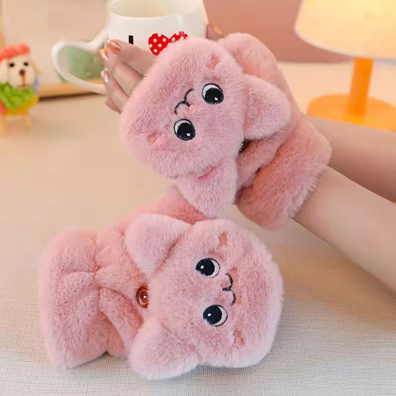 Women's Gloves Winter Korean Style Cute Student Fleece-lined Thickened Flip Cycling Cold Protection Warm Plush Women's Winter Gloves