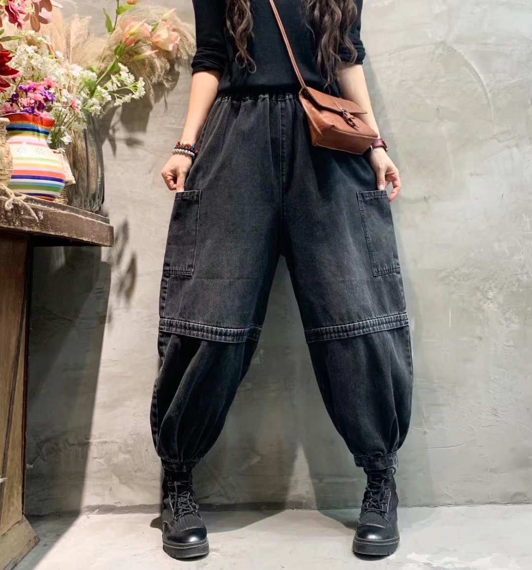 复古文艺做旧磨白灯笼牛仔裤女个性大口袋宽松休闲大码九分老爹裤