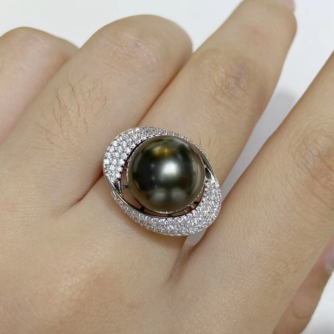 s925银珍珠戒指10-11mm圆润好品质大溪地海水黑珍珠戒指-阿里巴巴