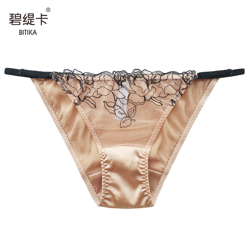 桑蚕丝低腰女士内裤 春夏透明蕾丝裤头 轻奢性感细带丝绸三角裤女