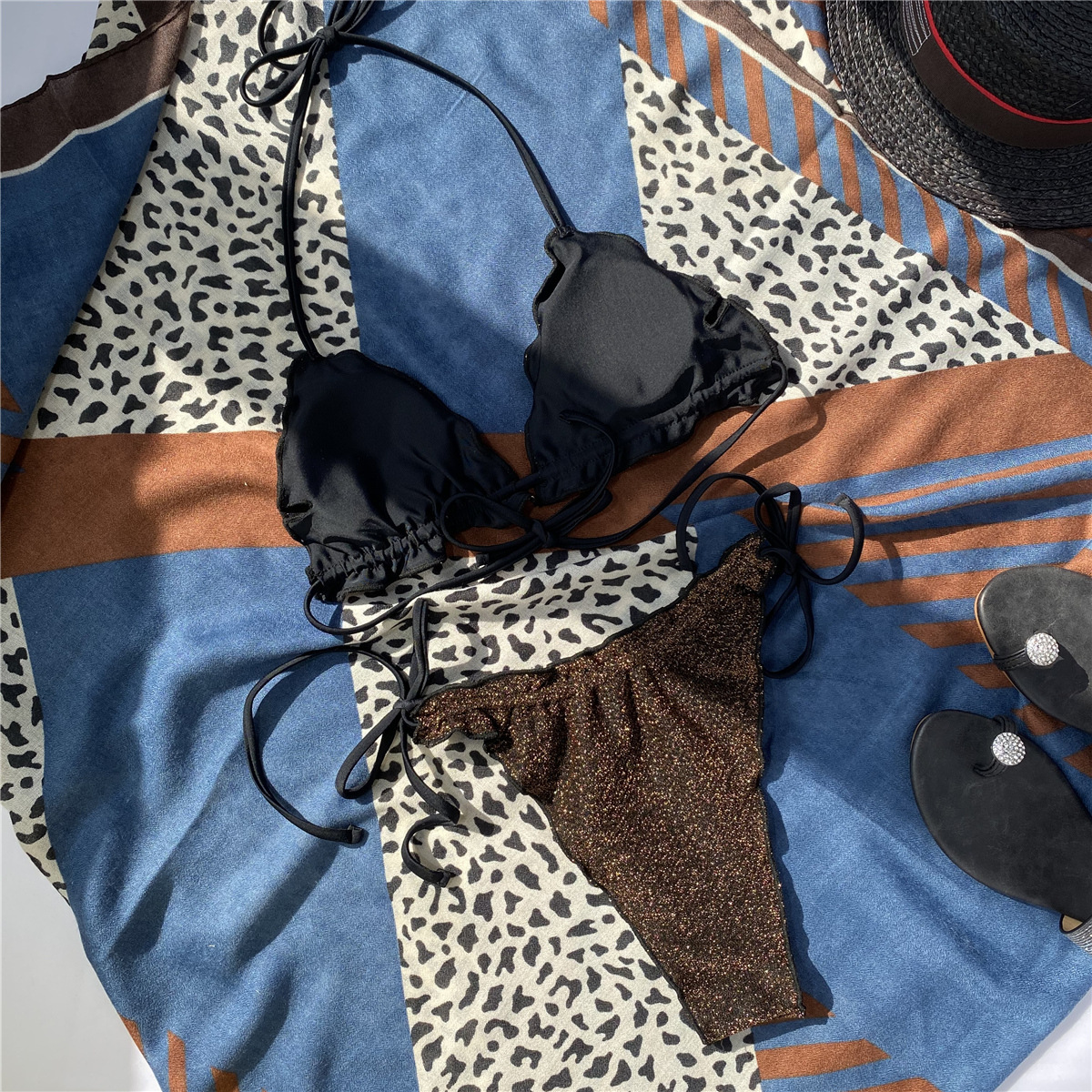 欧美外贸纯色亮丝比基尼超小bikini三角系带分体泳衣性感沙滩泳装