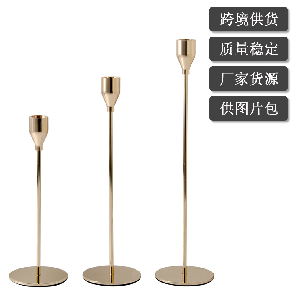 Electroplated Golden Candlestick Single-Head Three-Piece Set Candle Holder Six-Piece Set Metal Ornaments Cross-Border E-Commerce Manufacturers Supply