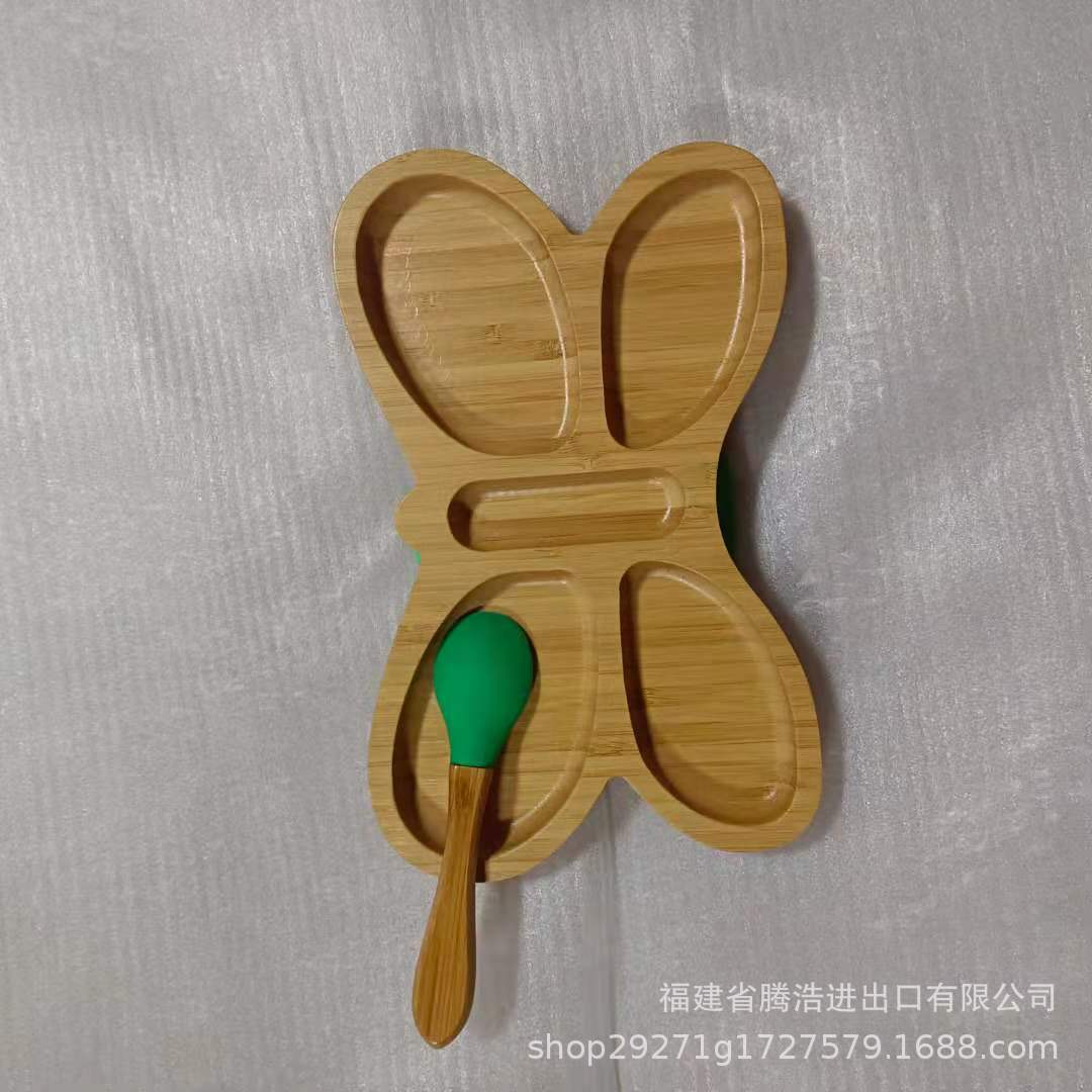 亚马逊同款 创意竹制小蝴蝶儿童吸盘 固定硅胶餐盘 可配勺子-阿里巴巴
