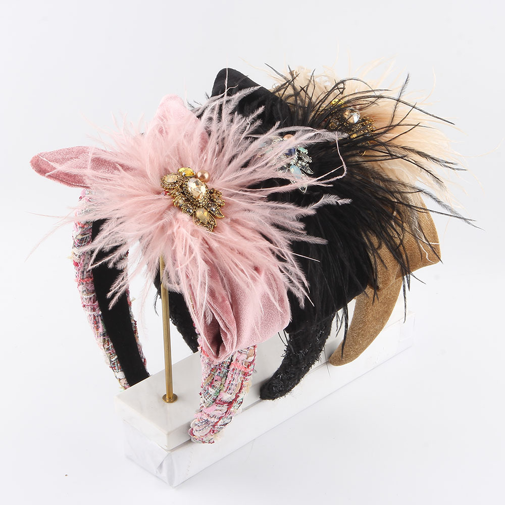 韩国新品蝴蝶结羽毛镶钻发箍头花舞会发饰欧美跨境百搭头饰女批发