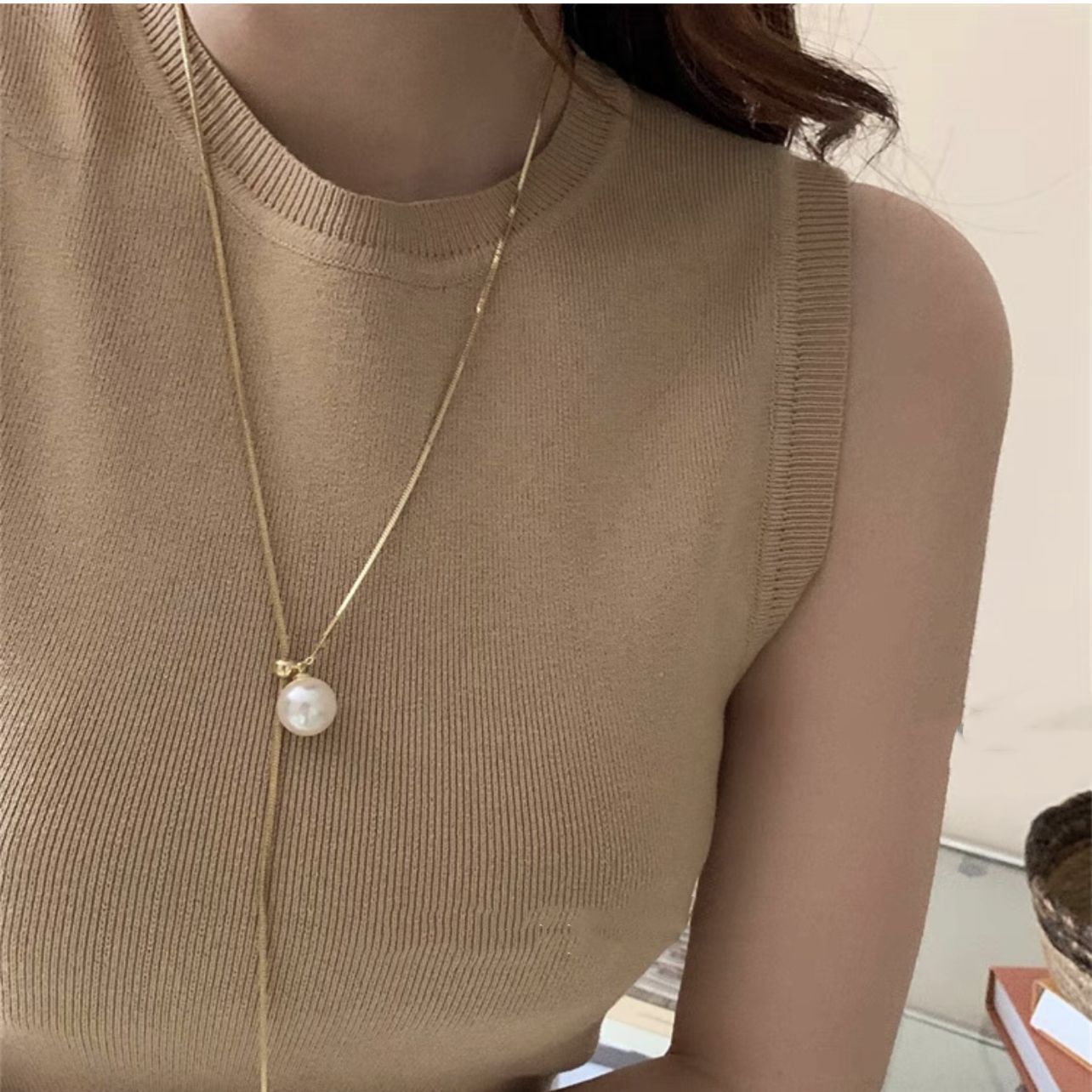 Sweater Chain High-Grade Women's All-Matching Long Pearl Necklace Women's Titanium Steel Necklace Non-Fading Niche Accessories New