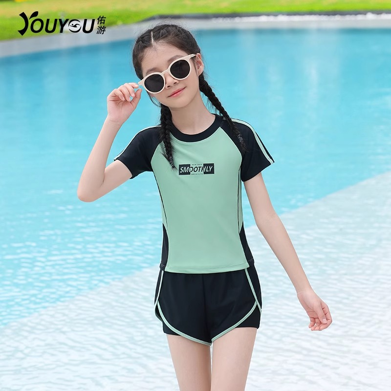 儿童泳衣女孩分体游泳衣宝宝女童短袖中大童2024新款温泉训练泳装