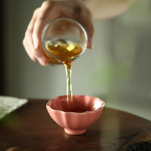 大号汝窑桃红釉菱口杯品茶杯主人杯景德镇瓷器功夫茶具开片养杯