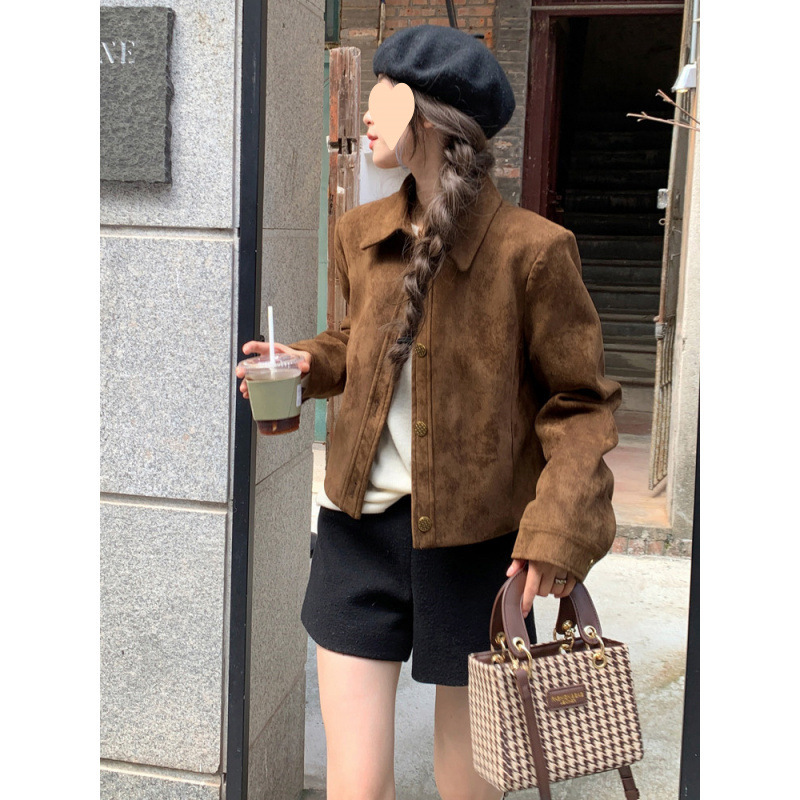 咖色麂皮绒外套女秋季新款小个子复古翻领高级感小众短款夹克上衣