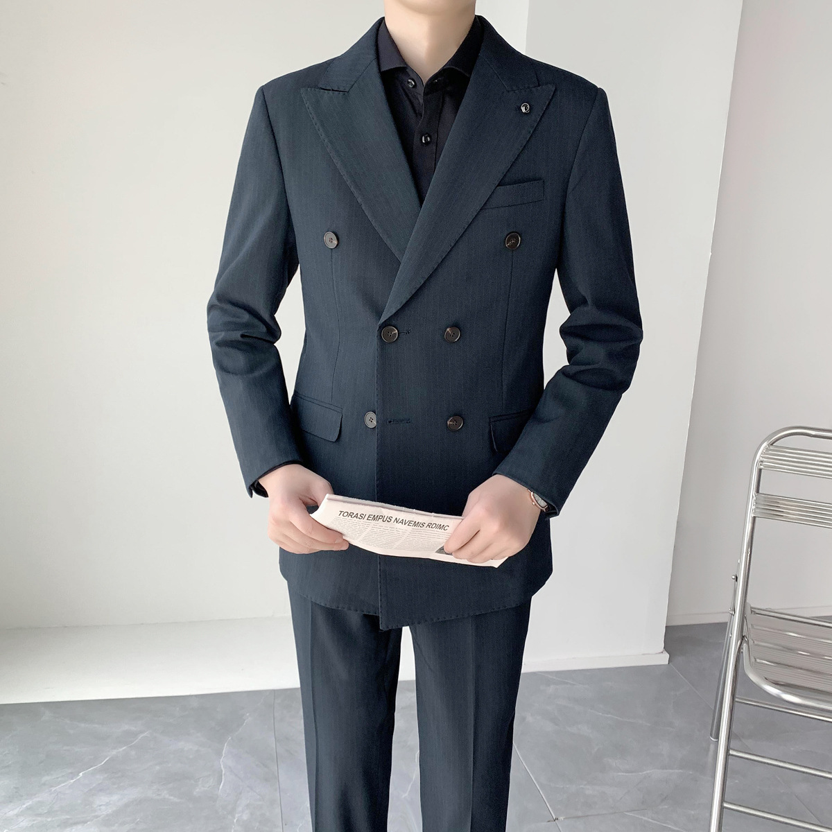 男士职业装商务修身西服两件套 男士条纹双排扣礼服套装西服2件套