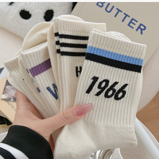 White Socks for Women Solid Color Mid-Calf Length Socks Summer Thin Two-Bar All-Match Hot Selling Item Trendy Personality Stockings for Women Spring and Autumn