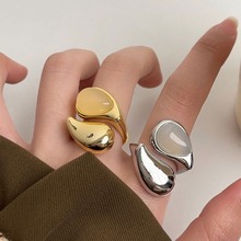 欧美小众设计简约透明不规则水滴开口戒指轻奢高级感叠层金属指环