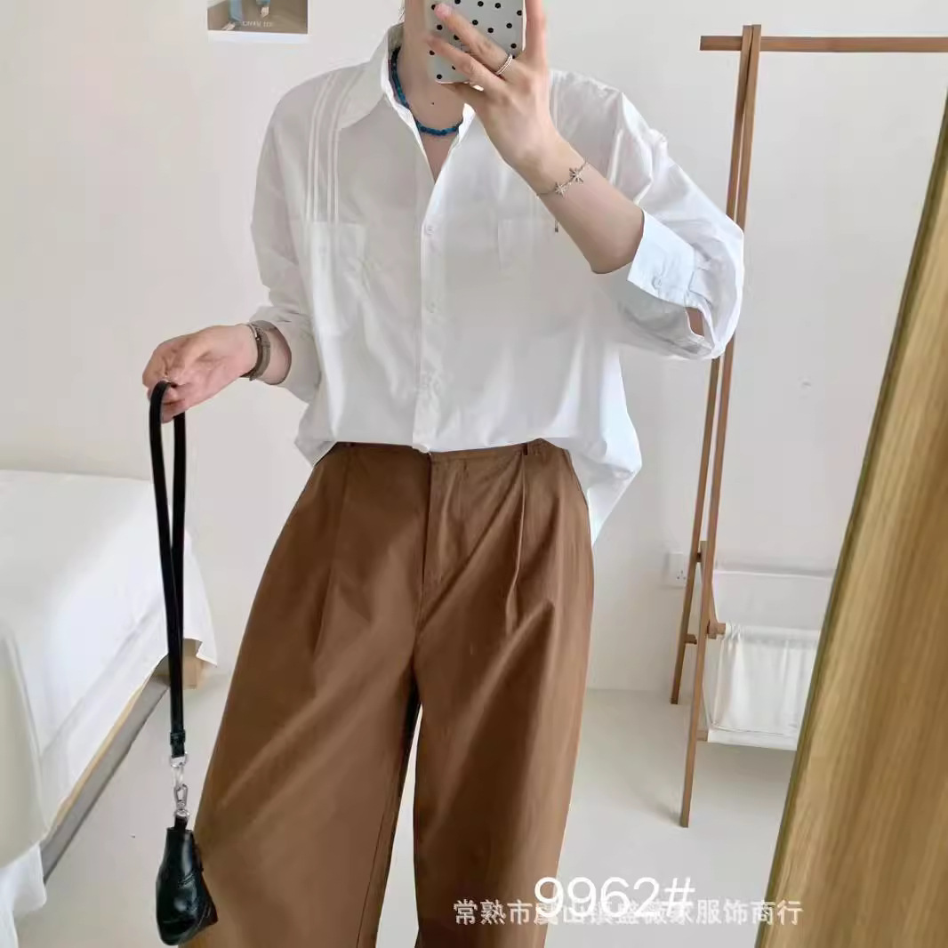 2024秋季新款小口袋压皱长袖衬衫女棉质纯色百搭气质韩范衬衣9962
