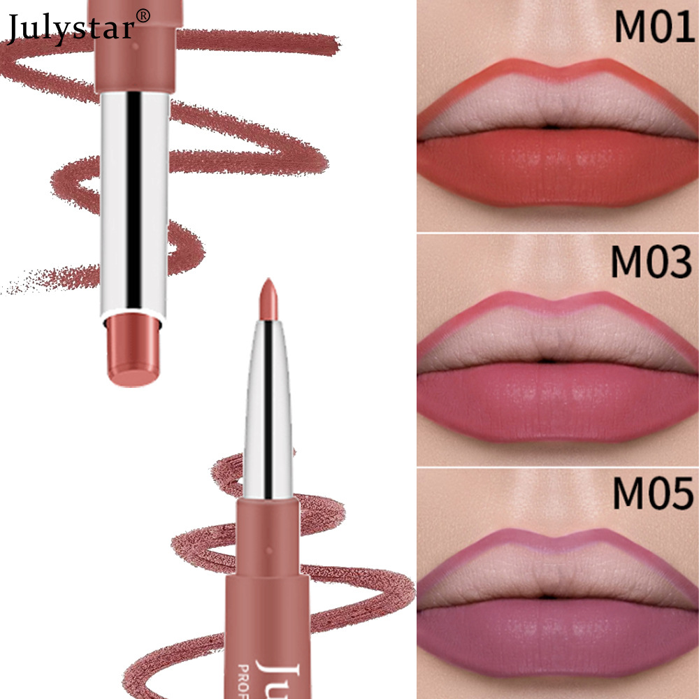 Julystar Double-Headed Lipstick Lip Liner Not Easy to Fade No Stain on Cup Pink Rotating Lipstick Pen Foreign Trade Makeup