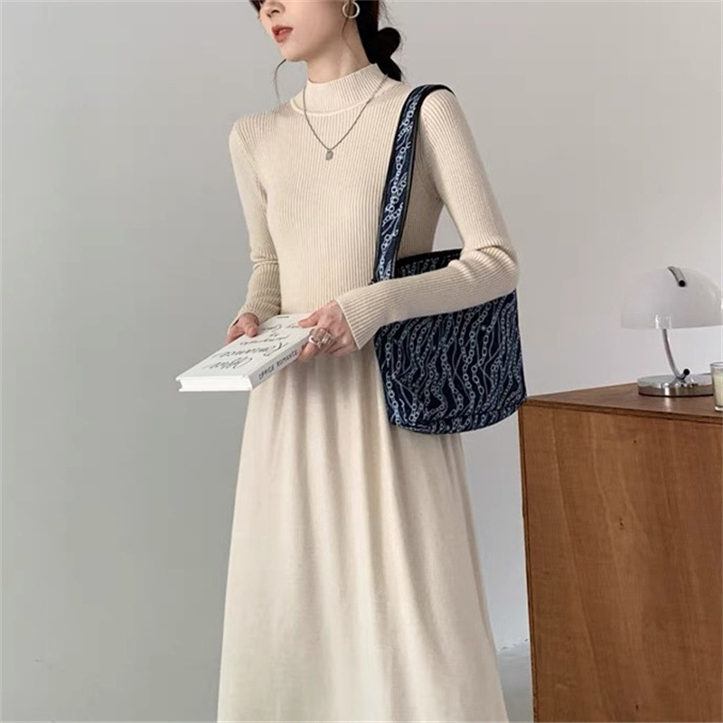 2023 Autumn and Winter New Hepburn Style French Knitted Dress Half Turtleneck Thick Bottoming Dress Long Dress Woolen Skirt Women