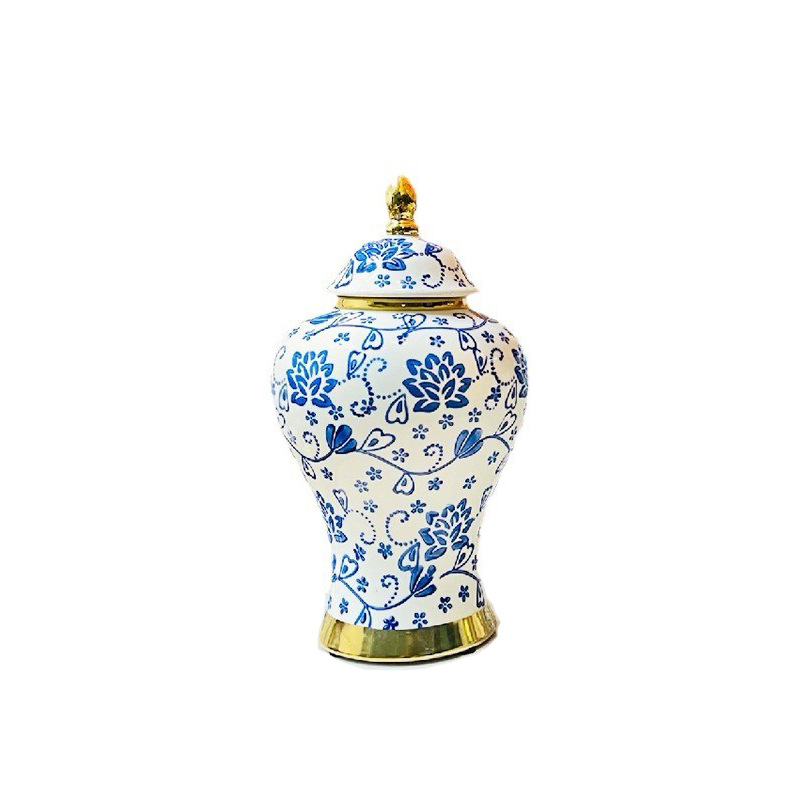 New Chinese Style Light Luxury Electroplating Golden Blue Glaze Blue and White Porcelain General Bottle Living Room and Hotel Sample Room Decoration Flower Holder