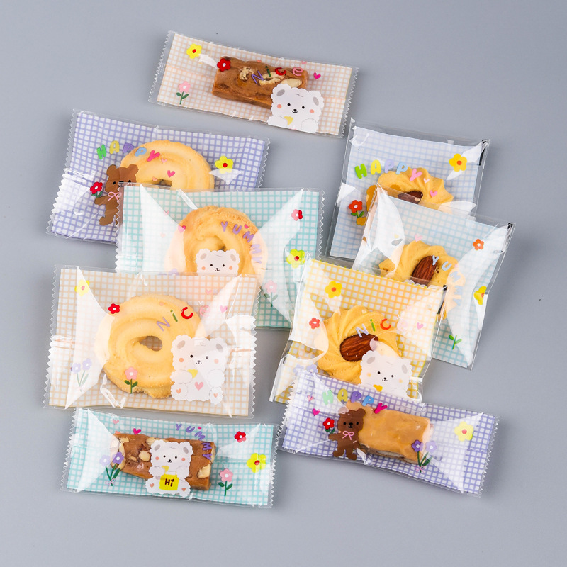 三合一加厚卡通格子熊机封袋雪花酥饼干包装袋多款熊糖果袋零食袋