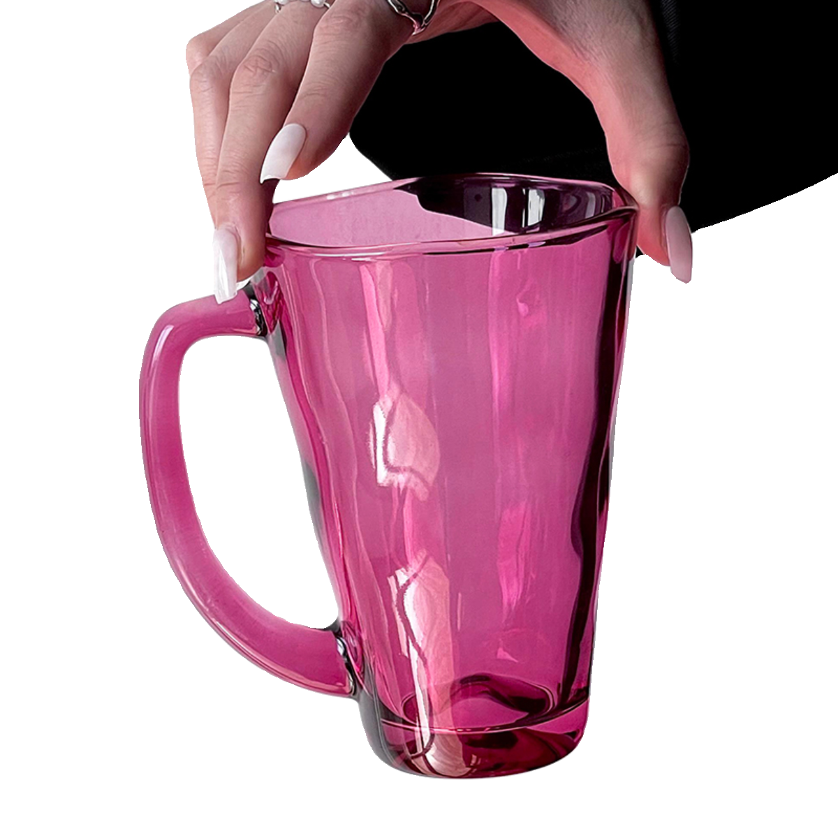 高颜值玫红色玻璃杯小众设计水杯女家用感带把牛奶杯子咖啡杯