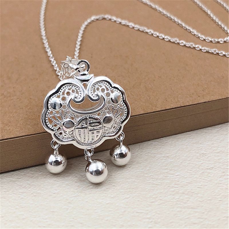 项链女s999银平安锁镂空银锁宝宝长命锁吊坠编织情侣挂坠绳-阿里巴巴