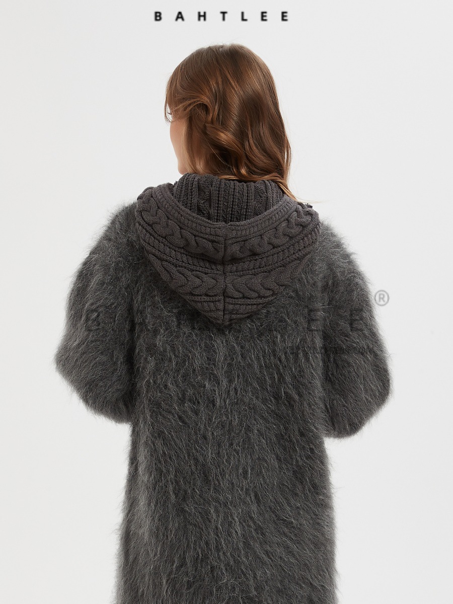 冬季长毛苏力羊驼毛衣大长款高比例羊驼毛保暖连帽针织双层加厚