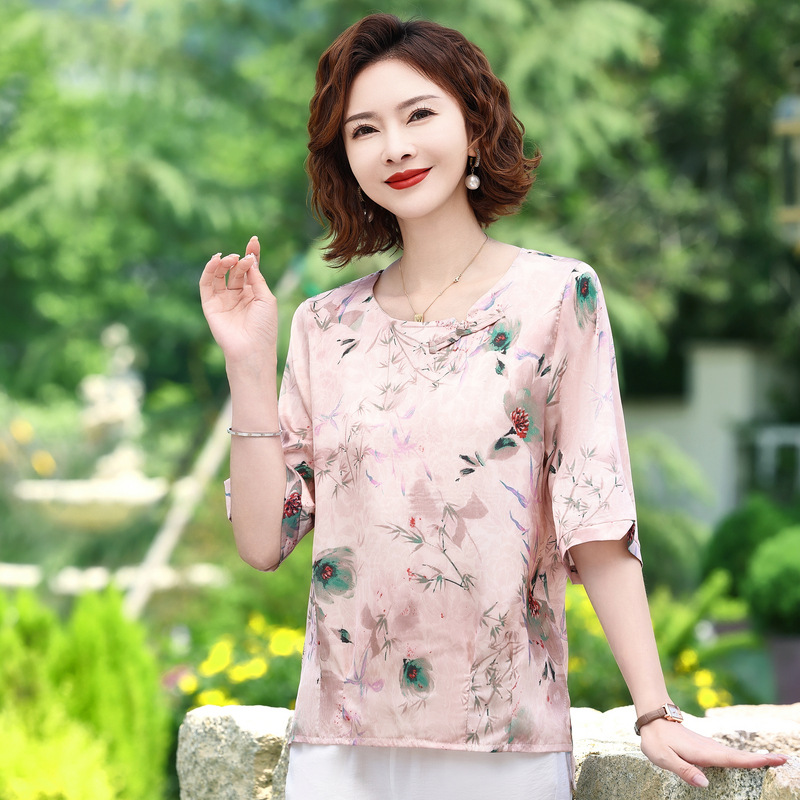 中老年女装夏装短袖t恤新款圆领妈妈款夏天衣服小衫洋气上衣高贵