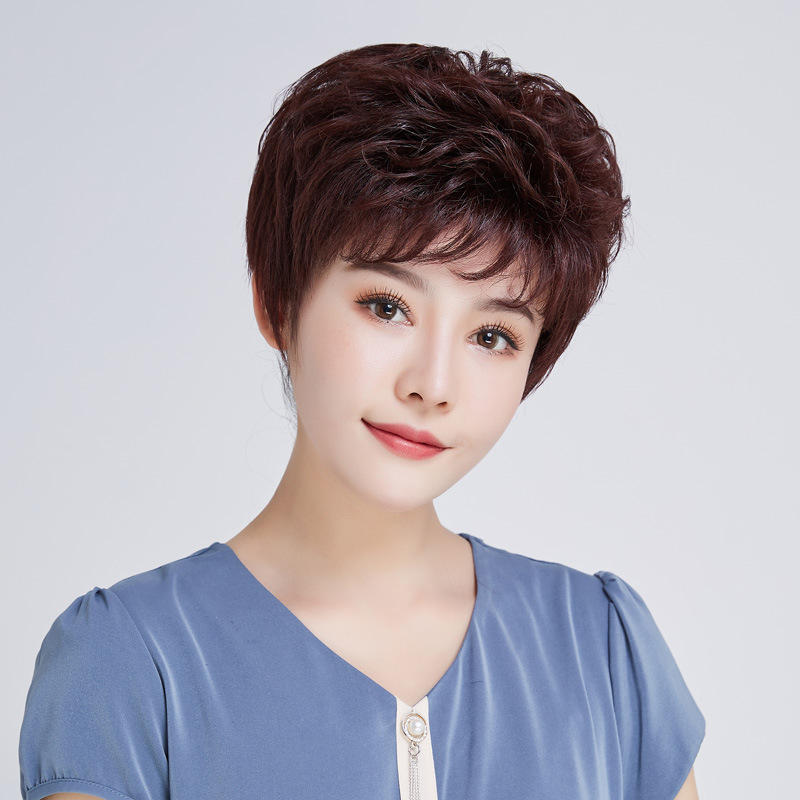 妈妈不染发透气逼真蓬松减龄假发女短发全真发短卷发中老年真人发