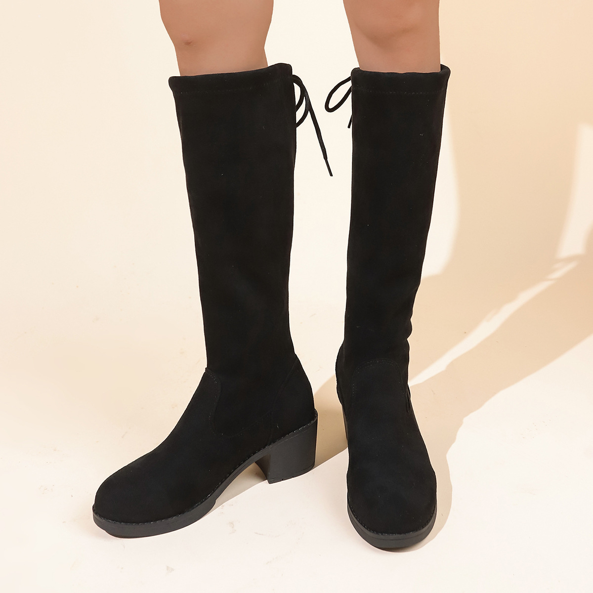 过膝长筒靴女2024圆头粗跟显瘦弹力靴外贸大码绒面高筒靴现货批发