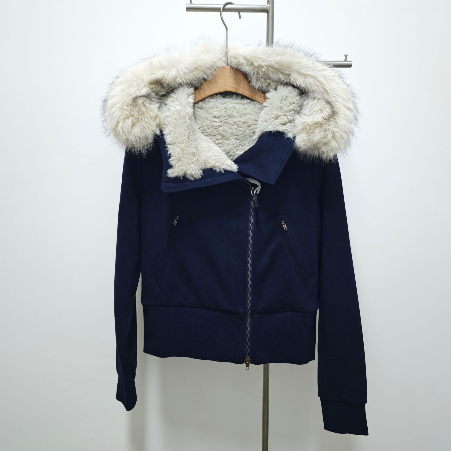 小众设计 秋冬上新连帽毛领斜襟毛绒内胆棉服外套 藏蓝/黑色/花灰