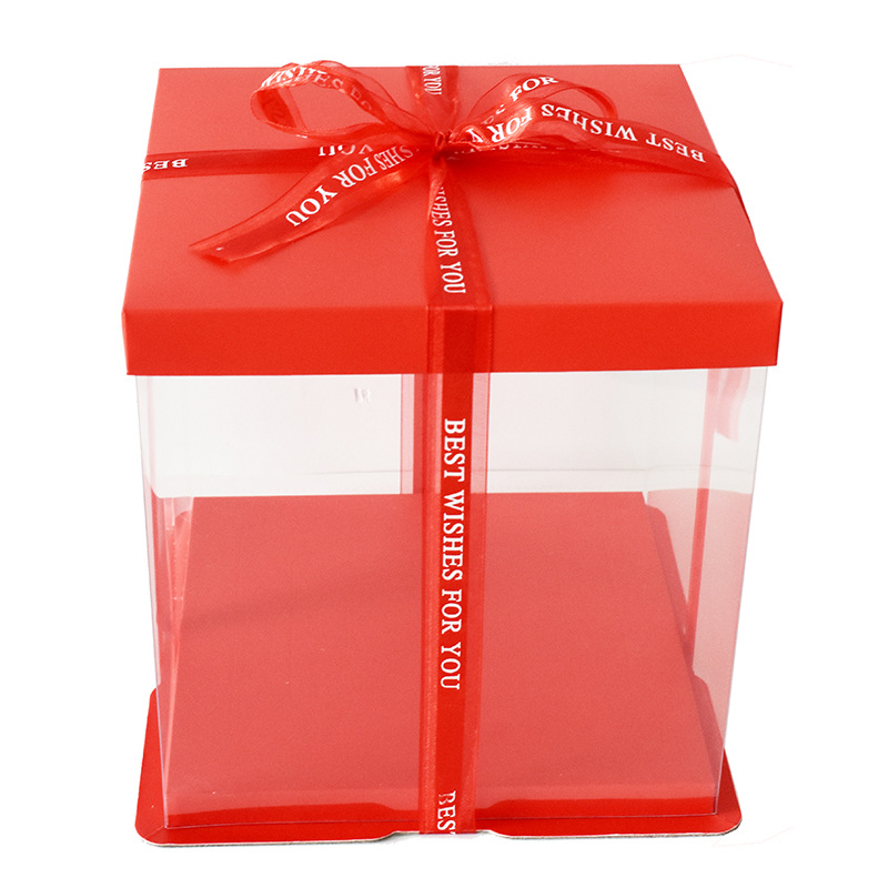 红色透明生日蛋糕盒喜庆节日礼品包装盒三合一烘焙包装盒礼盒