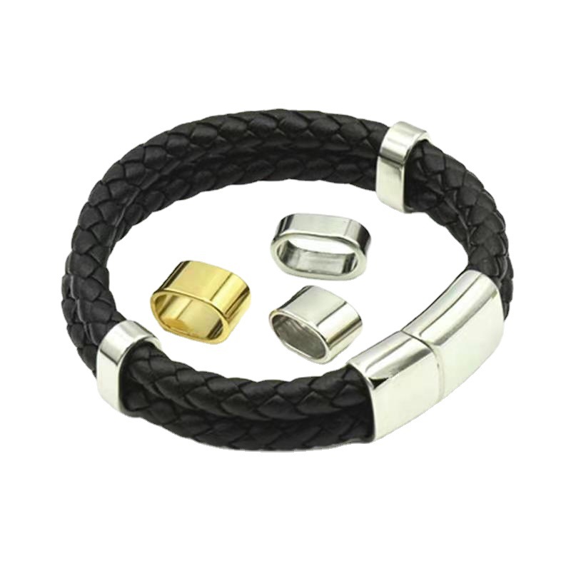 Factory Direct Supply DIY Leather Rope Accessories Stainless Steel Seamless Locating Ring Oval Leather Rope Bracelet Tube Sleeve