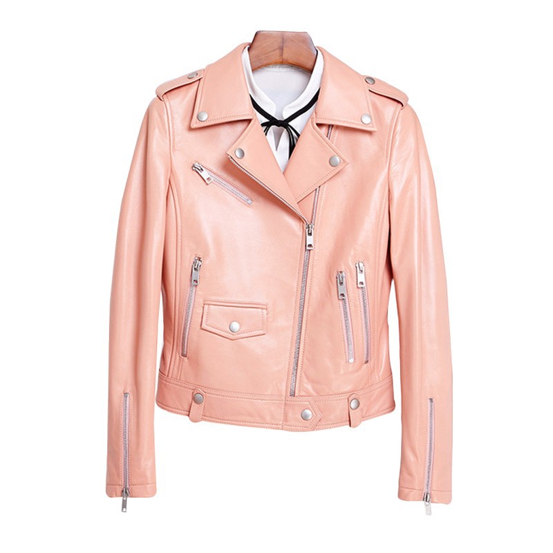 一件代发土耳其绵羊皮真皮皮衣女士外套短款修身高腰粉色夹克批发