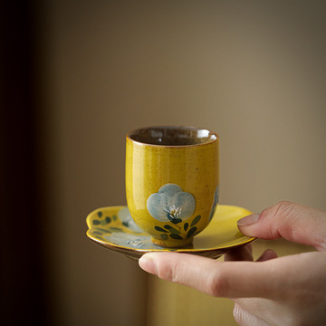 手绘山茶花陶瓷茶杯杯垫单杯釉下彩主人杯中式家用品茗杯功夫茶具
