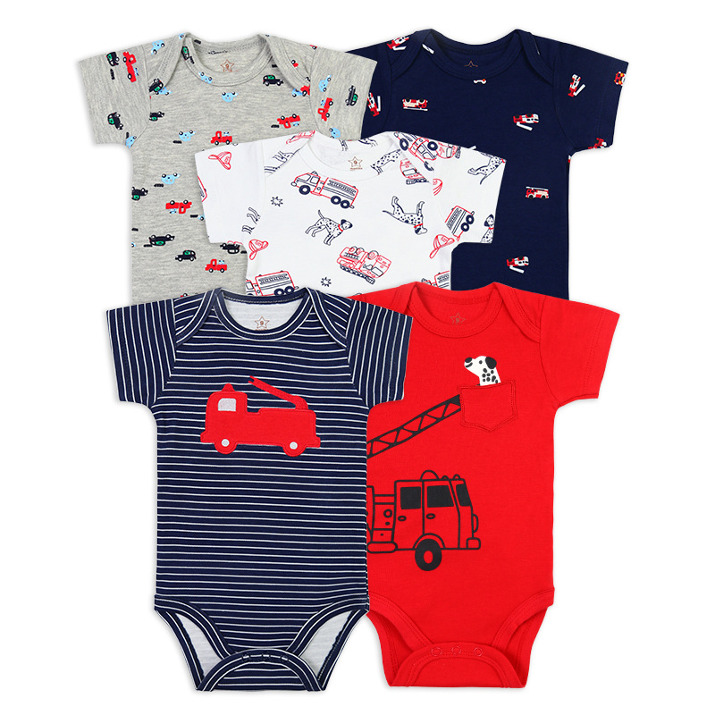 2022 Summer Short Sleeve 5-Piece Suit Baby Boy and Girl Rompers Layette Foreign Trade Short Sleeve Cotton Yarn Romper