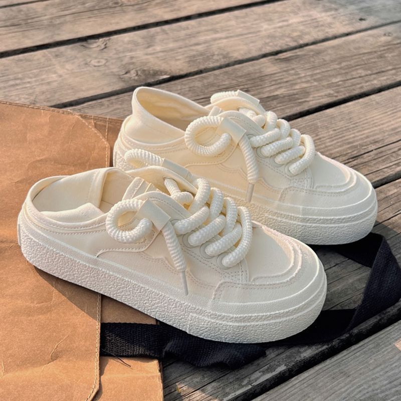 爆款夏季半拖小白鞋男生两穿懒人一脚蹬板鞋情侣透气可踩跟休闲帆