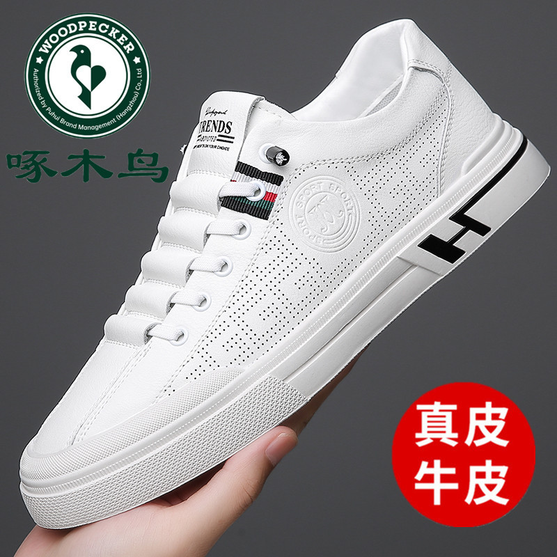 换季新品啄木鸟男鞋真皮休闲鞋子男潮百搭板鞋男软底镂空透气皮鞋