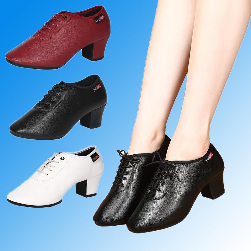 新款专业教师拉丁舞鞋女成年人软底中跟广场舞蹈鞋交谊舞跳舞皮鞋