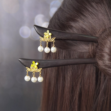 女黑檀木盘发汉服配饰古装挽发木簪古风小桂花珍珠流苏步摇发簪子