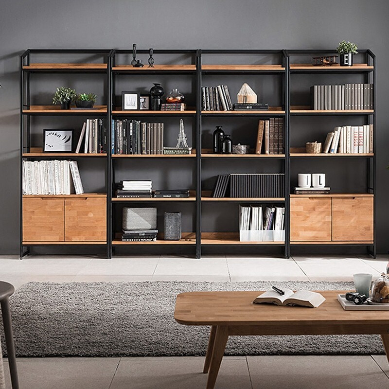 北欧书架组合办公室实木展示柜客厅落地带门书柜靠墙铁艺置物架