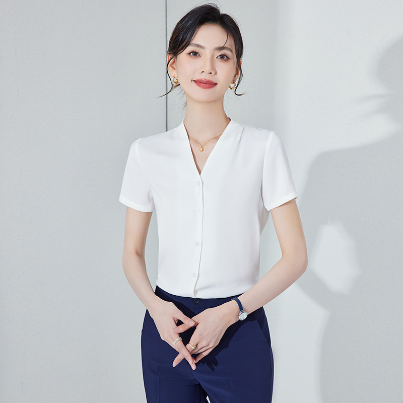 夏季短袖职业衬衫女v领简约衬衣办公文员酒店前台销售工作服白色