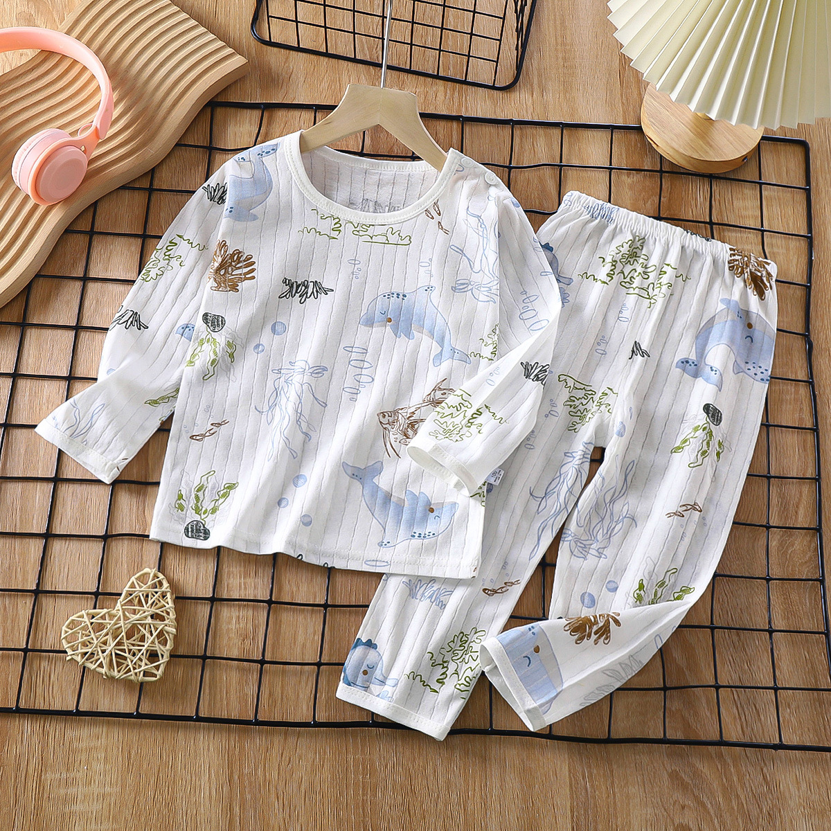 2024 New Children's Cotton Homewear Suit Summer Long-Sleeve Pajamas Thin Air Conditioning Room Clothes Men's and Women's Clothing