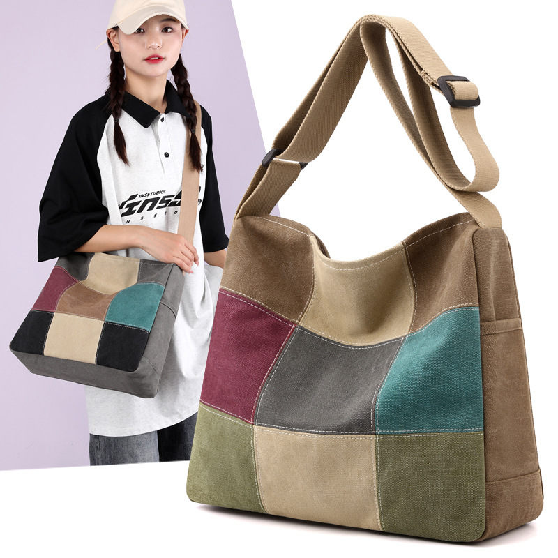 外贸时尚帆布包包女2024新款大容量单肩斜挎包多兜旅行格子托特包