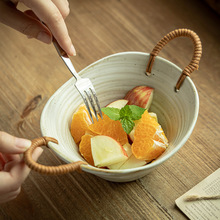 【日式复古】麻绳双耳碗粗陶提绳异形碗笠形沙拉碗民宿风餐具菜碗