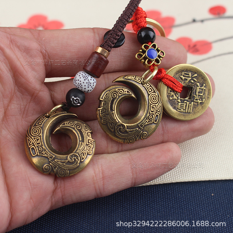 手工纯黄铜复古时来运转简约汽车钥匙扣挂件招财出入平安包包挂饰