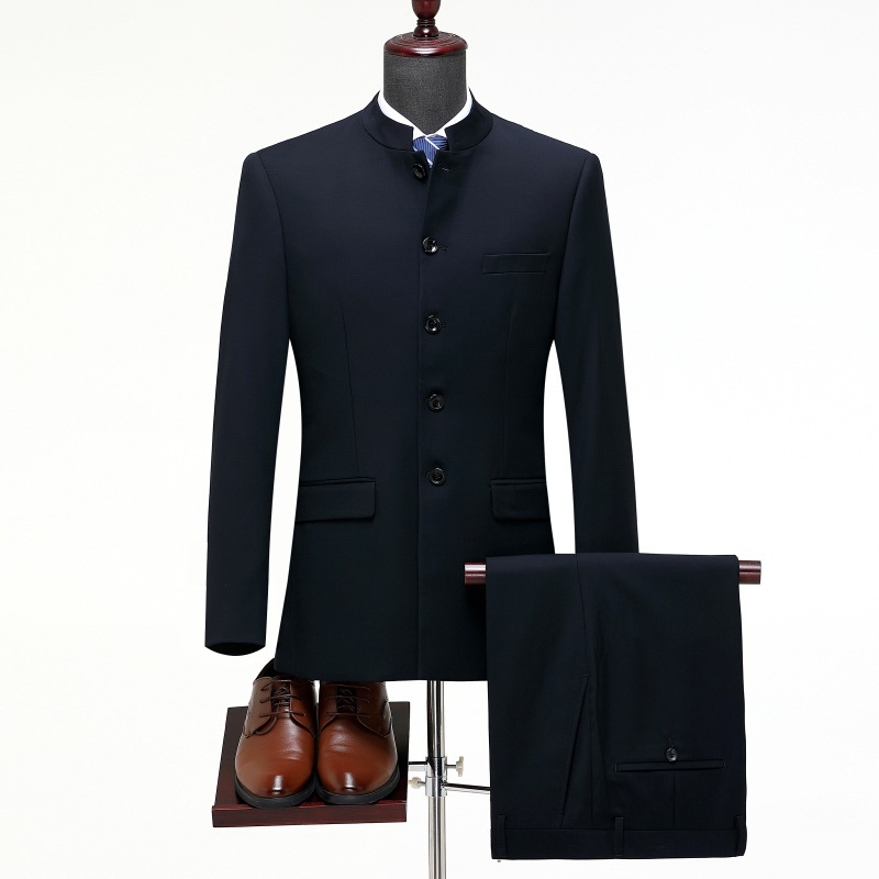 2024春装新款花公子男士西装高档爸爸大码宽松中山装立领套装西服